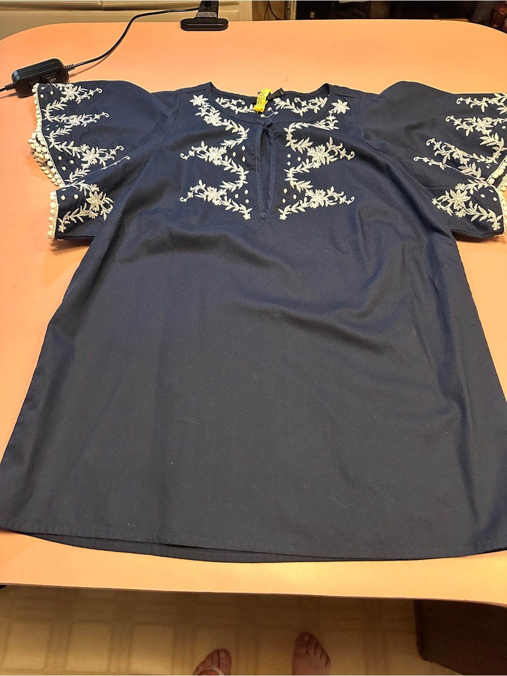 J. Crew Navy Short-Sleeve Tunic with White Floral Embroidery